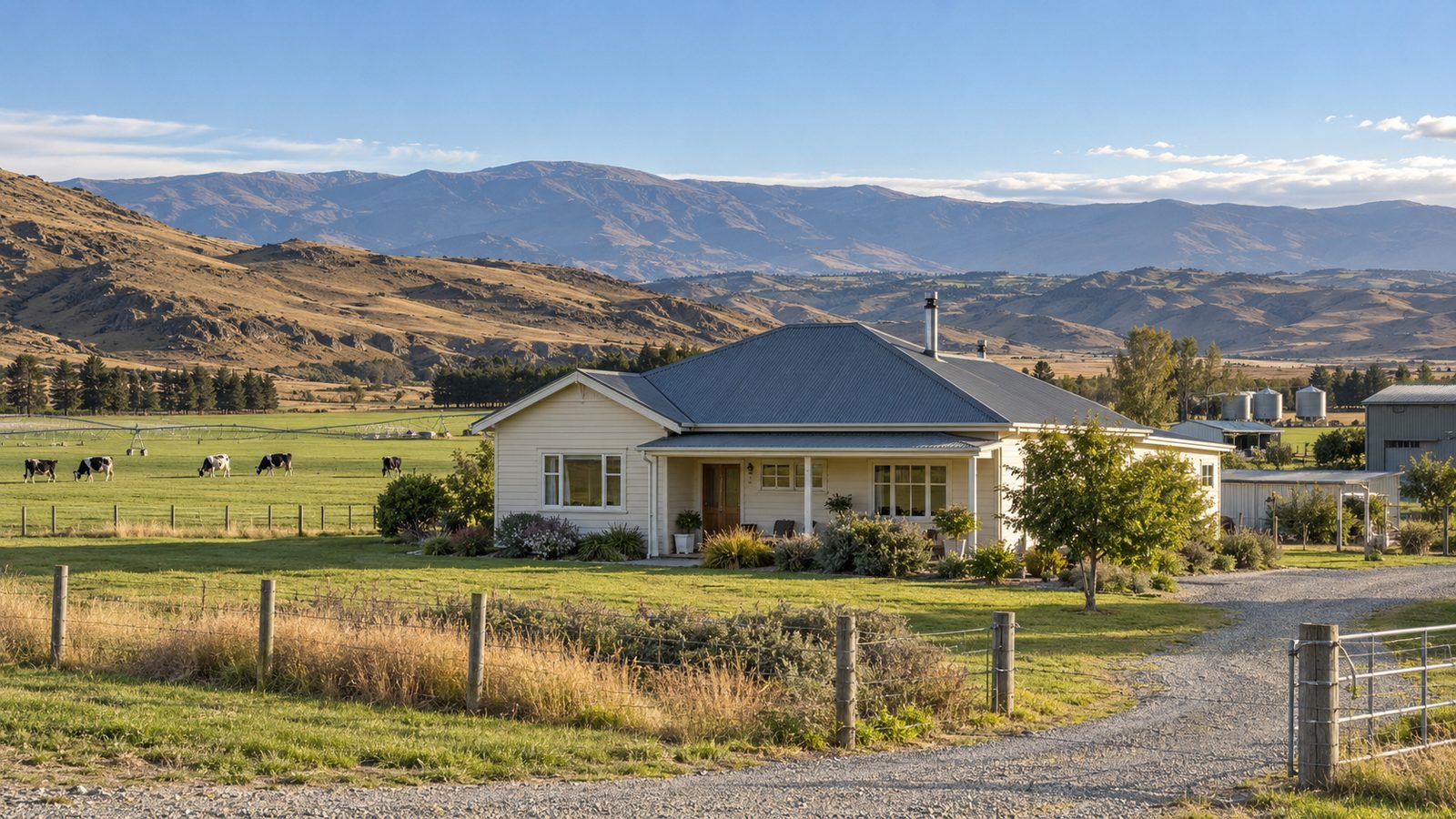 A Central Otago farm cottage with dry tussock hills behind it and dairy cows in the paddock